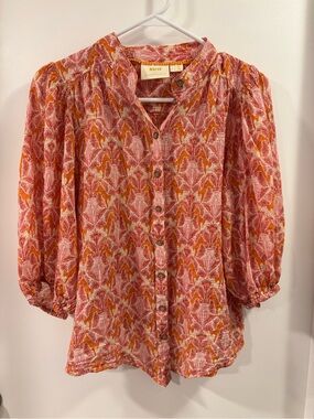 Maeve by Anthropologie Red and Orange Fern and Tiger-Print Button Blouse